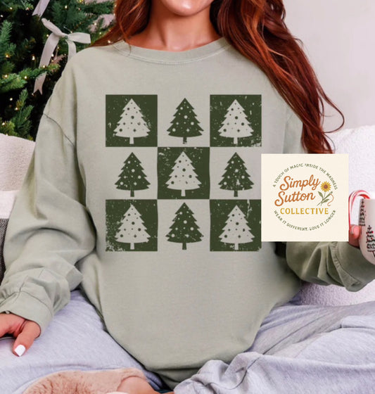 Green Checker Trees - Adult Crewneck Sweatshirt