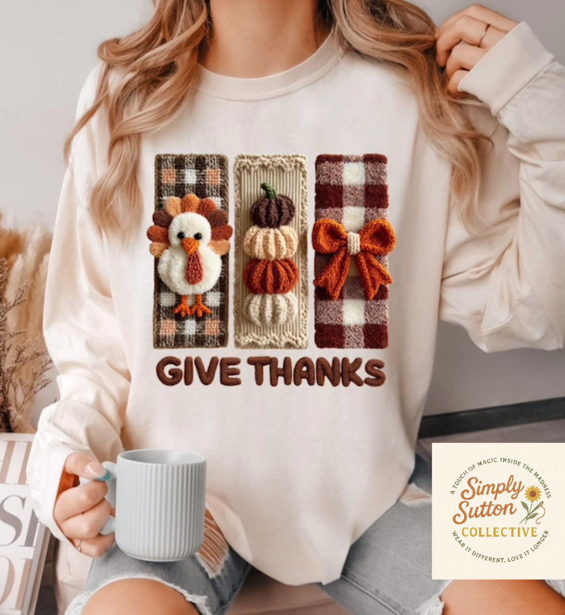 Plaid Give Thanks Faux Yarn Long Sleeve - Adult Long Sleeve T-shirt