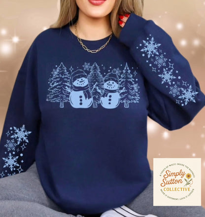 Snowman trees with snowflakes (sleeve accent) - Adult Crewneck Sweatshirt
