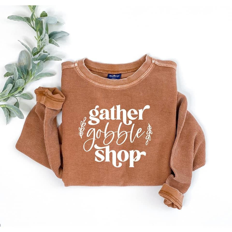 Gather, Gobble, Shop- Adult Unisex Crewneck Long Sleeve T-Shirt